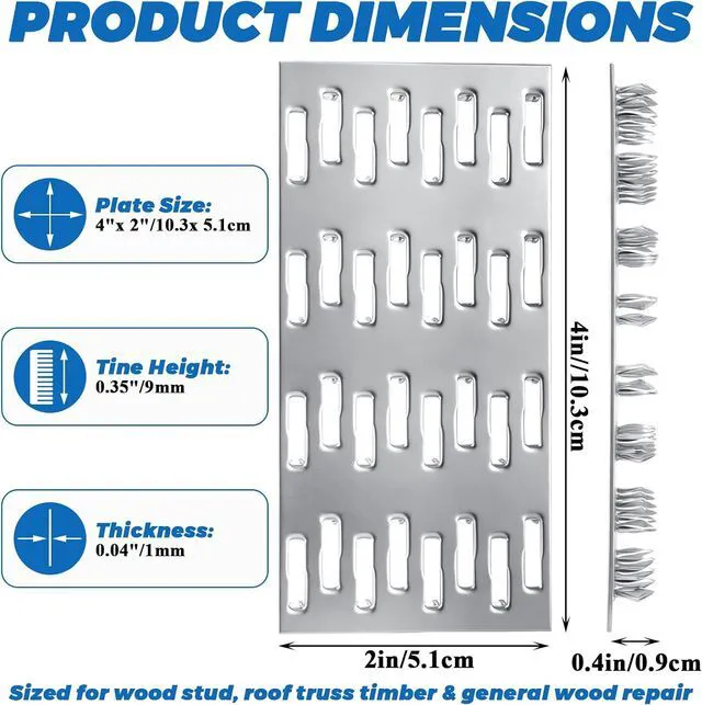 Alt view image 2 of 7 - 100 Pack Truss Plates Pronged Flat Mending Plate, 4 x 2 in, 9mm Teeth