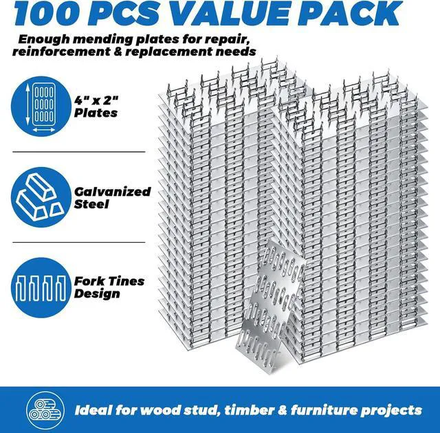 Alt view image 4 of 7 - 100 Pack Truss Plates Pronged Flat Mending Plate, 4 x 2 in, 9mm Teeth