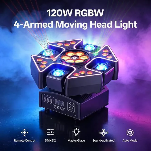 Alt view image 2 of 7 - Moving Head Stage Lights, 120W RGBW Moving Head with 4 Arms Beam Lights, 27CH Red Green Starry Strobe Effect, Remote & DMX512 LED Moving Head Lights for Party Wedding Event, 1 Pack