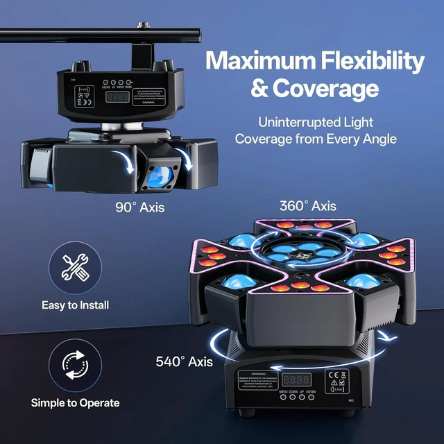 Alt view image 4 of 7 - Moving Head Stage Lights, 120W RGBW Moving Head with 4 Arms Beam Lights, 27CH Red Green Starry Strobe Effect, Remote & DMX512 LED Moving Head Lights for Party Wedding Event, 1 Pack