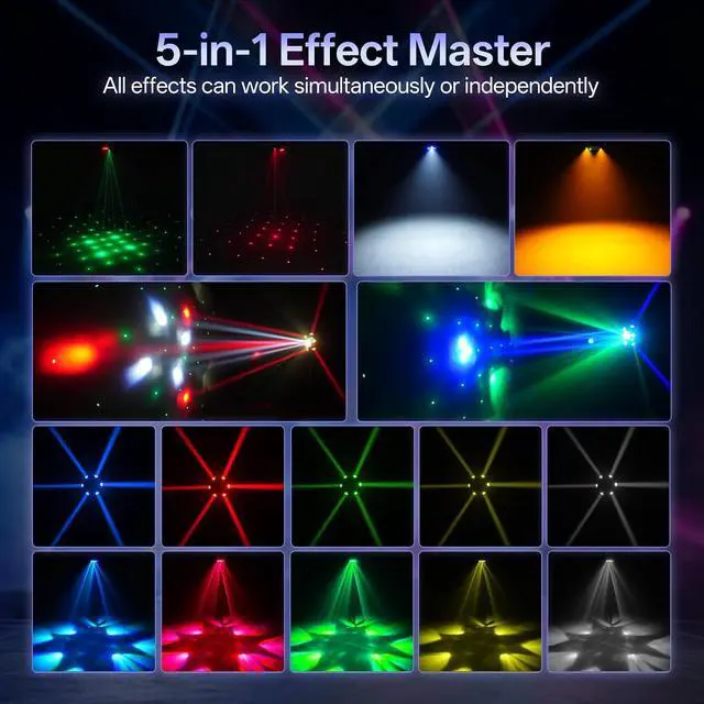 Alt view image 3 of 7 - 150W Moving Head DJ Stage Light, 6-Arm 5-in-1 RGBW LED Bee-Eyes Effect Light with Strobe & Red Green Starry, 540° Rotation Sound Activated DMX512 Party Light for Club, Disco, Bar