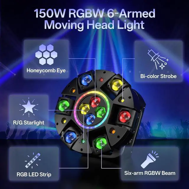 Alt view image 2 of 7 - 150W Moving Head DJ Stage Light, 6-Arm 5-in-1 RGBW LED Bee-Eyes Effect Light with Strobe & Red Green Starry, 540° Rotation Sound Activated DMX512 Party Light for Club, Disco, Bar