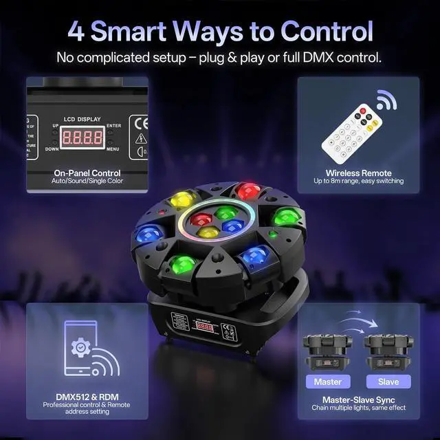 Alt view image 4 of 7 - 150W Moving Head DJ Stage Light, 6-Arm 5-in-1 RGBW LED Bee-Eyes Effect Light with Strobe & Red Green Starry, 540° Rotation Sound Activated DMX512 Party Light for Club, Disco, Bar