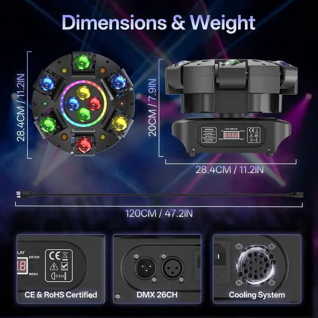 Alt view image 6 of 7 - 150W Moving Head DJ Stage Light, 6-Arm 5-in-1 RGBW LED Bee-Eyes Effect Light with Strobe & Red Green Starry, 540° Rotation Sound Activated DMX512 Party Light for Club, Disco, Bar
