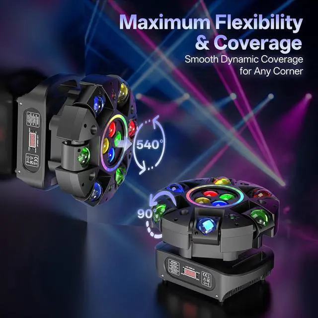 Alt view image 7 of 7 - 150W Moving Head DJ Stage Light, 6-Arm 5-in-1 RGBW LED Bee-Eyes Effect Light with Strobe & Red Green Starry, 540° Rotation Sound Activated DMX512 Party Light for Club, Disco, Bar
