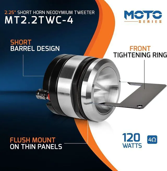 Alt view image 2 of 7 - PRV Motorcycle Bullet Tweeter 2.25" Short Horn 120 Watts 4 Ohm MT2.2TWC-4 Chrome Neodymium Magnet High SPL Competition - Flush Mount Compact Design - MOTO Series (Single)