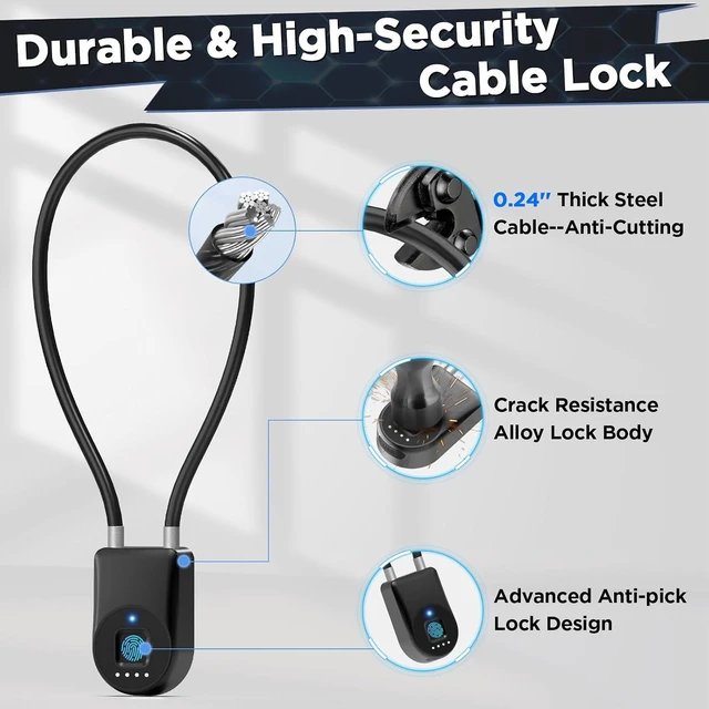 Alt view image 3 of 7 - Fingerprint Cable Lock, Smart Padlock with APP Control,6" Bike Cable Lock