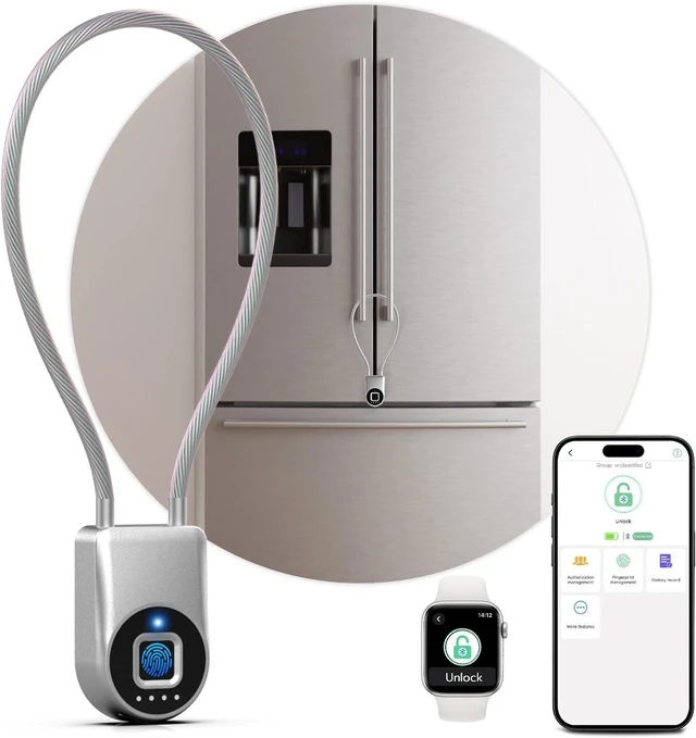 Main image of Fingerprint Cable Lock, Fridge Lock with Fingerprint Bluetooth APP Control, Smart Biometric Waterproof Child-Proof Refrigerator Locks for Kids & Adults Fridge French Door Cabinet Gate