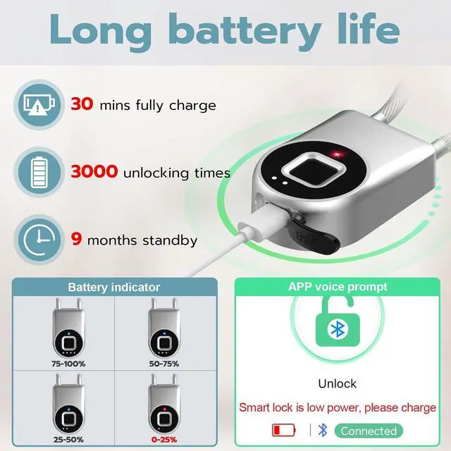 Alt view image 5 of 7 - Fingerprint Cable Lock, Fridge Lock with Fingerprint Bluetooth APP Control, Smart Biometric Waterproof Child-Proof Refrigerator Locks for Kids & Adults Fridge French Door Cabinet Gate
