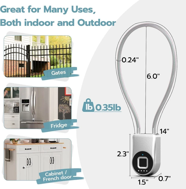 Alt view image 7 of 7 - Fingerprint Cable Lock, Fridge Lock with Fingerprint Bluetooth APP Control, Smart Biometric Waterproof Child-Proof Refrigerator Locks for Kids & Adults Fridge French Door Cabinet Gate