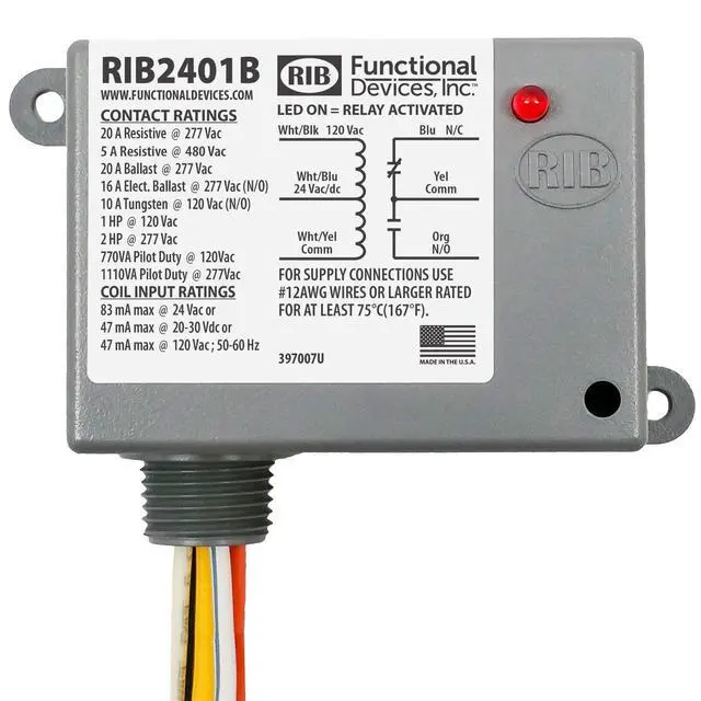 Main image of Functional Devices RIB2401B Power Relay, 20 Amp SPDT, 24 Vac/dc/120 Vac Coil, NEMA 1 Housing