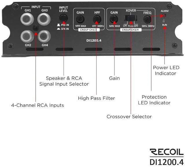 Alt view image 6 of 7 - DI1200-4 Full-Range Class-D 4-Channel Car Audio Amplifier 2400 Watt