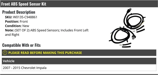 Main image of Front ABS Speed Sensor 2 Piece Kit - Compatible with 2007-2015 Chevy Impala