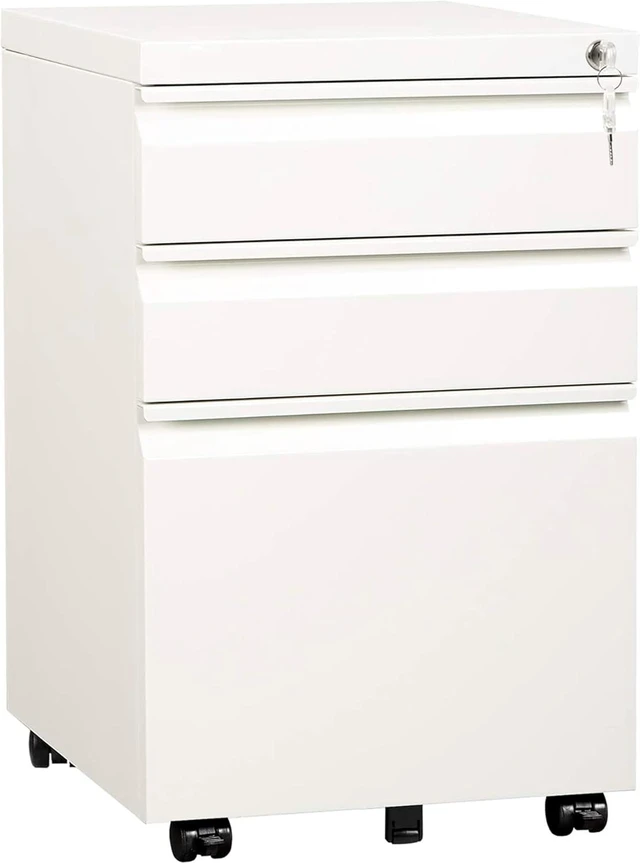 Main image of 3 Drawer File Cabinet with Lock and Wheels, Under Desk Storage Filing Pedestal for Home Office, No Assembly Small Rolling File Cabinet for Legal, Letter, and A4 Files in White