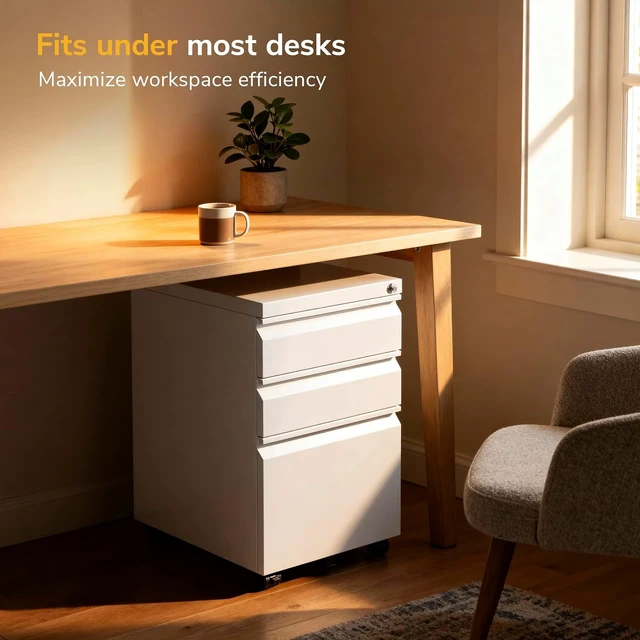 Alt view image 7 of 7 - 3 Drawer File Cabinet with Lock and Wheels, Under Desk Storage Filing Pedestal for Home Office, No Assembly Small Rolling File Cabinet for Legal, Letter, and A4 Files in White