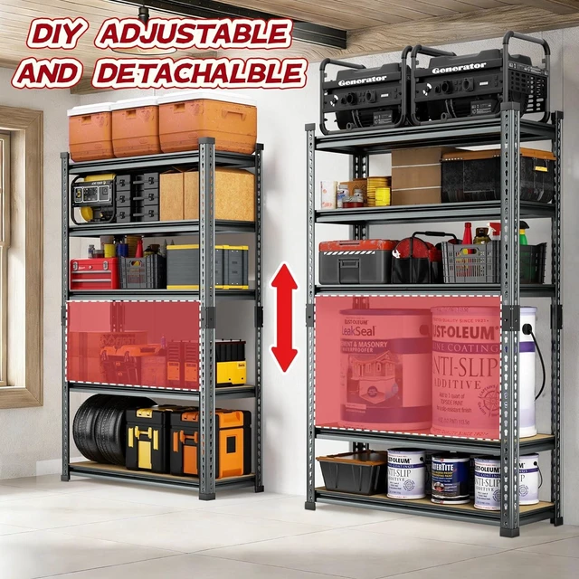 Alt view image 5 of 7 - Garage Storage Shelves 46" W x 20" D x 72" H, 3000 LBS Heavy Duty Shelving Unit 5-Tier Adjustable, Extra Wide Boltless Metal Storage Rack for Garage Warehouse Basement
