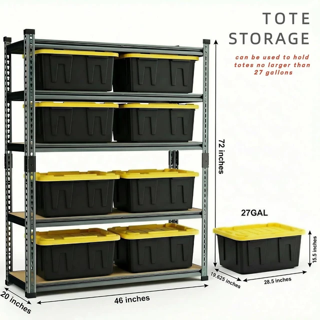 Alt view image 3 of 7 - Garage Storage Shelves 46" W x 20" D x 72" H, 3000 LBS Heavy Duty Shelving Unit 5-Tier Adjustable, Extra Wide Boltless Metal Storage Rack for Garage Warehouse Basement