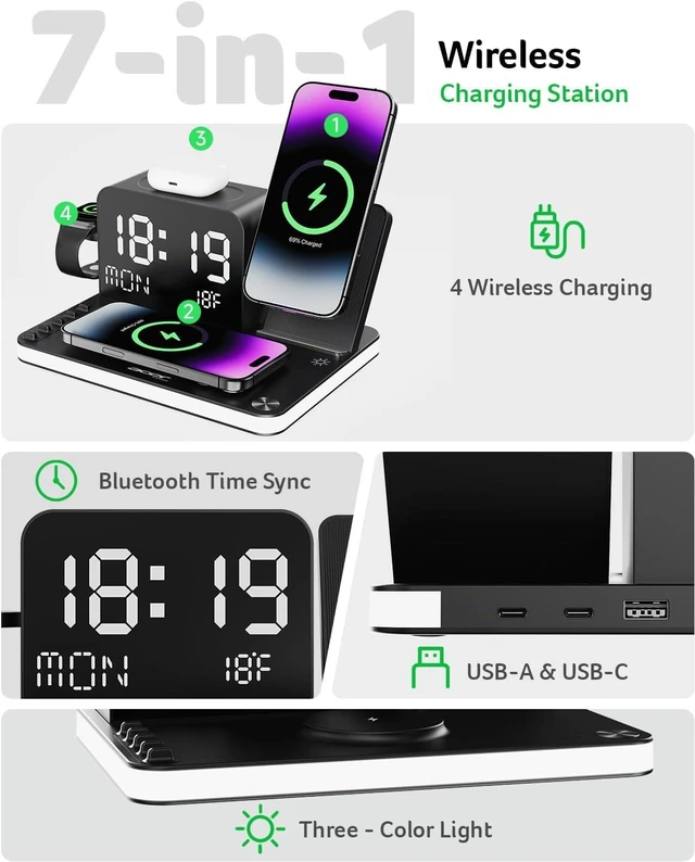 Alt view image 2 of 7 - Gadget 7-in-1 Wireless Charging Station Charger Stand for Multiple Devices for - iPhone 17 16 15 14 13 12 Pro Max Watch Airpods, Wireless iPhone Charger Station with Bluetooth TimeSyn