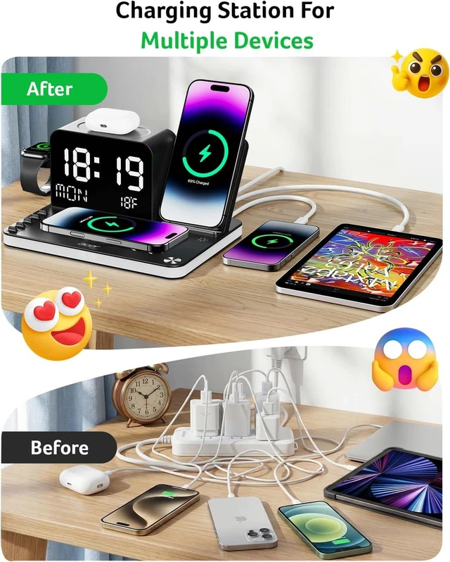 Alt view image 4 of 7 - Gadget 7-in-1 Wireless Charging Station Charger Stand for Multiple Devices for - iPhone 17 16 15 14 13 12 Pro Max Watch Airpods, Wireless iPhone Charger Station with Bluetooth TimeSyn