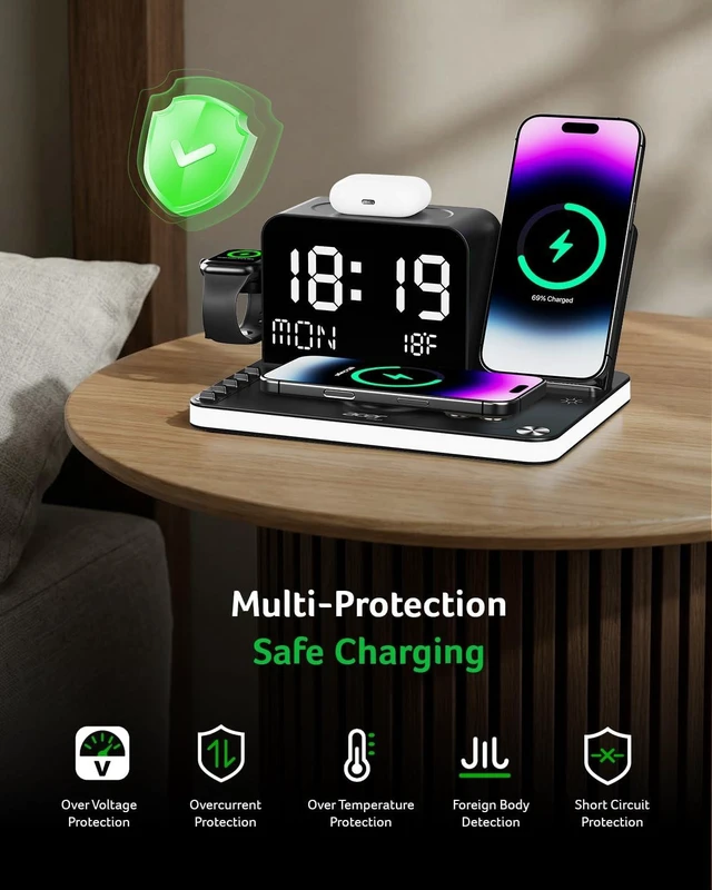 Alt view image 5 of 7 - Gadget 7-in-1 Wireless Charging Station Charger Stand for Multiple Devices for - iPhone 17 16 15 14 13 12 Pro Max Watch Airpods, Wireless iPhone Charger Station with Bluetooth TimeSyn