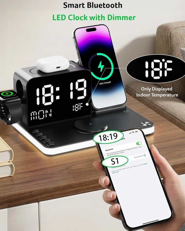 Alt view image 6 of 7 - Gadget 7-in-1 Wireless Charging Station Charger Stand for Multiple Devices for - iPhone 17 16 15 14 13 12 Pro Max Watch Airpods, Wireless iPhone Charger Station with Bluetooth TimeSyn