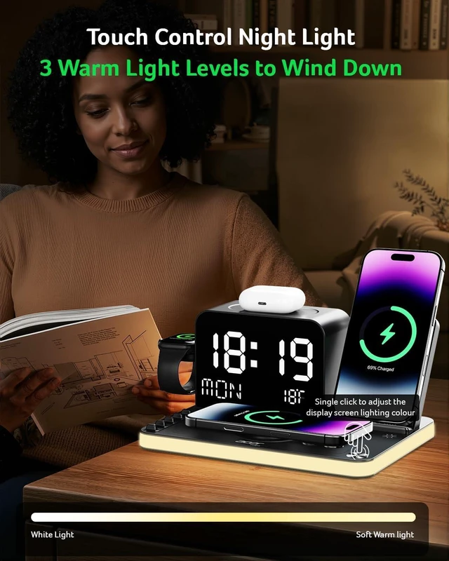 Alt view image 7 of 7 - Gadget 7-in-1 Wireless Charging Station Charger Stand for Multiple Devices for - iPhone 17 16 15 14 13 12 Pro Max Watch Airpods, Wireless iPhone Charger Station with Bluetooth TimeSyn