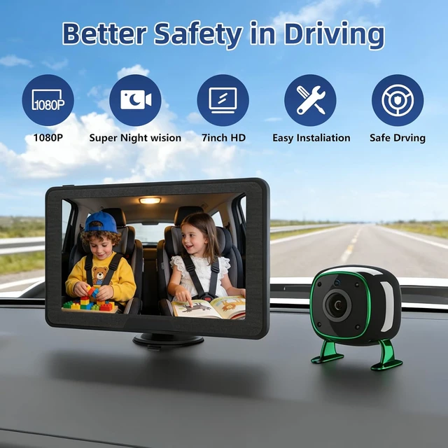 Alt view image 2 of 7 - Dual Backseat Camera for 2 Kids 1080P Split-Screen Monitor Baby Camera Rear-Facing Cameras IR Night Vision 360° Rotatable Backseat Screen, Car Seat Mirror Alternative (0082 with 7in Monitor)