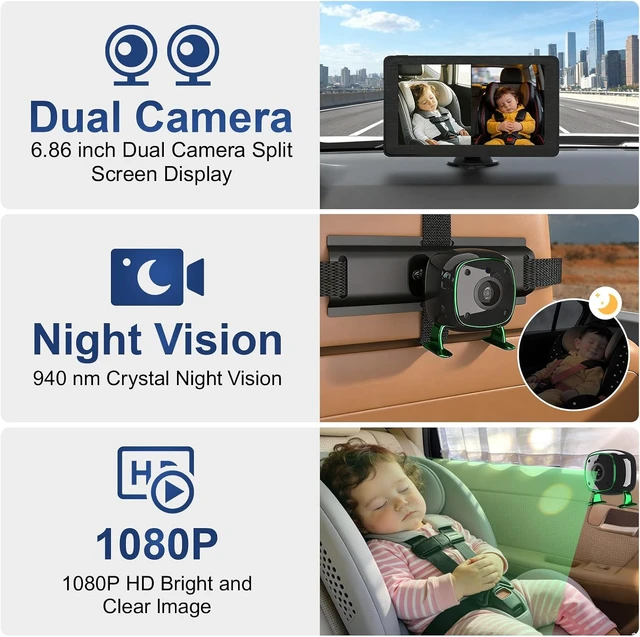 Alt view image 3 of 7 - Dual Backseat Camera for 2 Kids 1080P Split-Screen Monitor Baby Camera Rear-Facing Cameras IR Night Vision 360° Rotatable Backseat Screen, Car Seat Mirror Alternative (0082 with 7in Monitor)