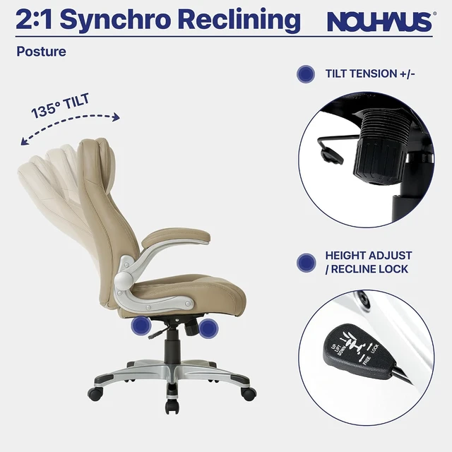 Alt view image 3 of 7 - +Posture Ergonomic PU Leather Office Chair. Click5 Lumbar Support with FlipAdjust Armrests. Modern Executive Chair and Computer Desk Chair (Taupe)