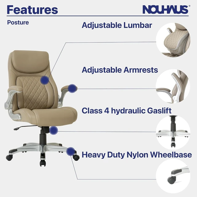Alt view image 4 of 7 - +Posture Ergonomic PU Leather Office Chair. Click5 Lumbar Support with FlipAdjust Armrests. Modern Executive Chair and Computer Desk Chair (Taupe)