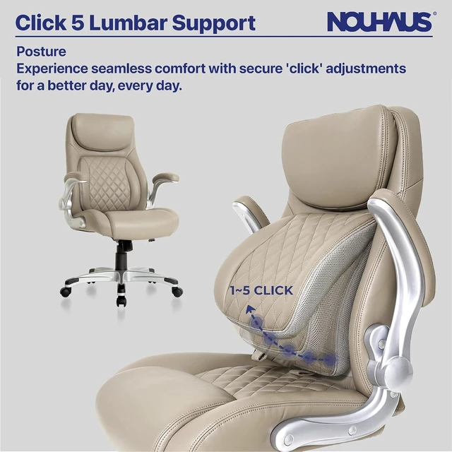 Alt view image 5 of 7 - +Posture Ergonomic PU Leather Office Chair. Click5 Lumbar Support with FlipAdjust Armrests. Modern Executive Chair and Computer Desk Chair (Taupe)