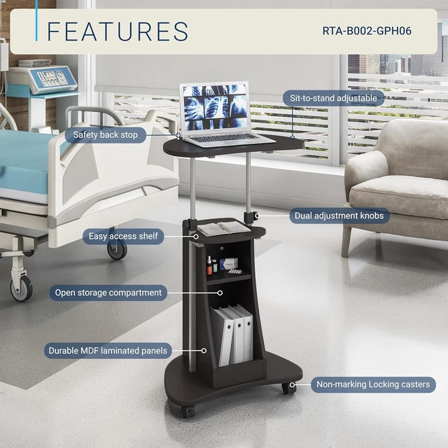 Alt view image 4 of 7 - Adjustable Height Rolling Laptop Cart with Storage, Graphite
