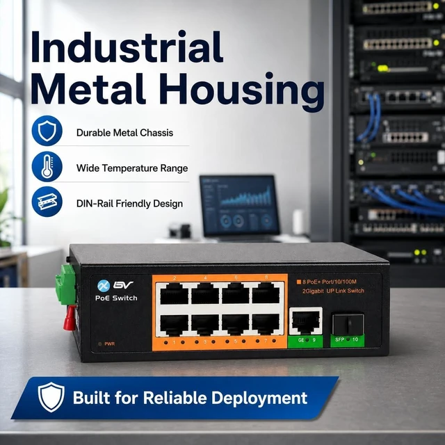 Alt view image 4 of 6 - -Tech 8-Port Industrial DIN Rail PoE+ Switch, Gigabit & SFP Uplinks, 120W