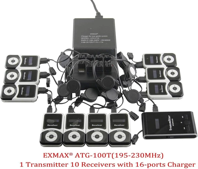 Alt view image 2 of 7 - ® ATG-100T 195-230MHz Wireless Tour Guide System Voice Transmission Microphone Earphone Headset for Church Translation Silent Conference Travel Traning (1 Transmitter 10 Receivers Charging Base)