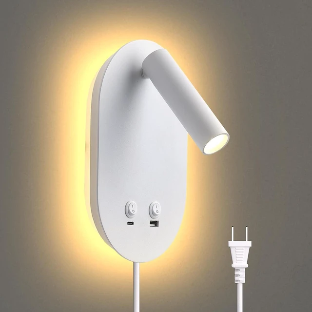Main image of Wall Lamp Plug in Hardwired 2 in 1 Wall Sconces, Wall Mounted Reading Light with USB Type C Ports, Adjustable Bedside Headboard Spotlight, Bedside Lamp with 9W+3W Night Light 3000K (White)