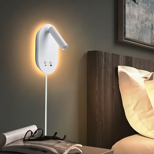 Alt view image 2 of 7 - Wall Lamp Plug in Hardwired 2 in 1 Wall Sconces, Wall Mounted Reading Light with USB Type C Ports, Adjustable Bedside Headboard Spotlight, Bedside Lamp with 9W+3W Night Light 3000K (White)