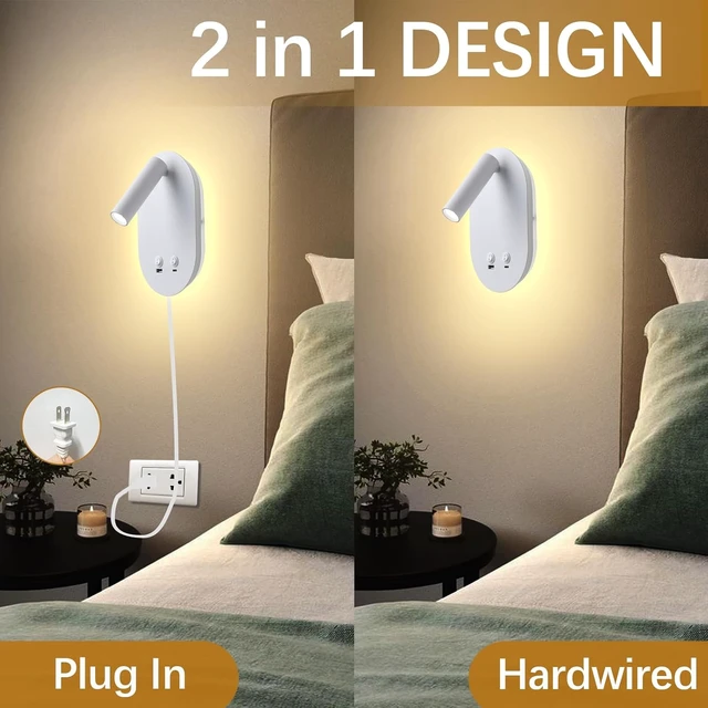 Alt view image 3 of 7 - Wall Lamp Plug in Hardwired 2 in 1 Wall Sconces, Wall Mounted Reading Light with USB Type C Ports, Adjustable Bedside Headboard Spotlight, Bedside Lamp with 9W+3W Night Light 3000K (White)