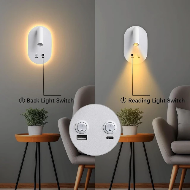 Alt view image 4 of 7 - Wall Lamp Plug in Hardwired 2 in 1 Wall Sconces, Wall Mounted Reading Light with USB Type C Ports, Adjustable Bedside Headboard Spotlight, Bedside Lamp with 9W+3W Night Light 3000K (White)