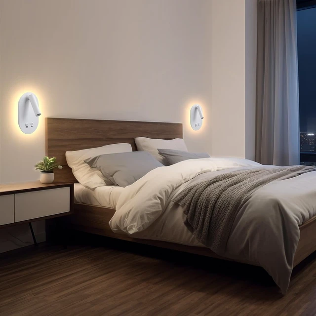Alt view image 6 of 7 - Wall Lamp Plug in Hardwired 2 in 1 Wall Sconces, Wall Mounted Reading Light with USB Type C Ports, Adjustable Bedside Headboard Spotlight, Bedside Lamp with 9W+3W Night Light 3000K (White)