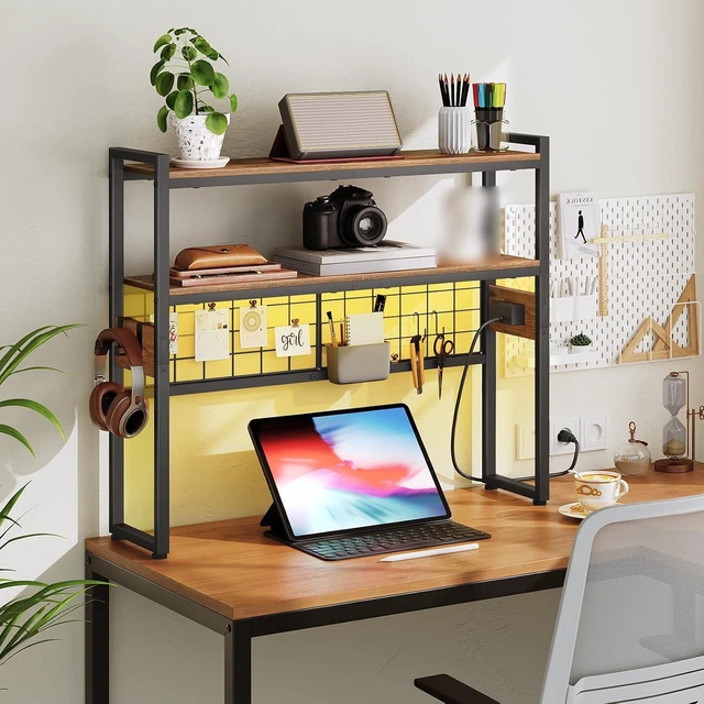 Alt view image 2 of 7 - Desktop Bookcase, 2-Tier Desktop Organizer, 29.9" Wooden Office Storage Rack with Outlets, Display Shelf Rack with Light Strip, Desk Hutch for Office, Rustic Brown BF11UDSJ01