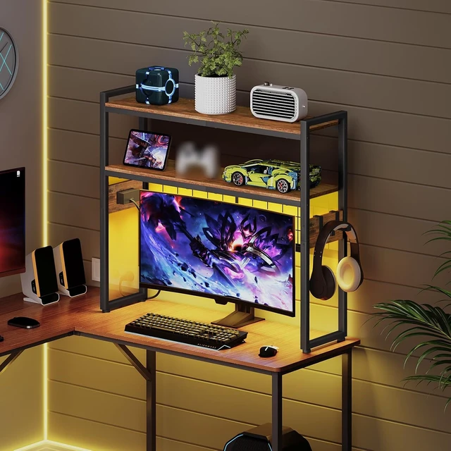 Alt view image 5 of 7 - Desktop Bookcase, 2-Tier Desktop Organizer, 29.9" Wooden Office Storage Rack with Outlets, Display Shelf Rack with Light Strip, Desk Hutch for Office, Rustic Brown BF11UDSJ01