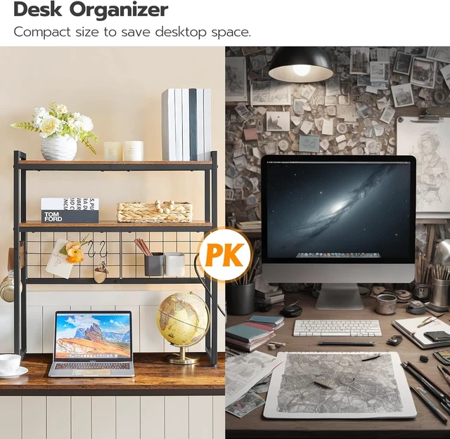 Alt view image 7 of 7 - Desktop Bookcase, 2-Tier Desktop Organizer, 29.9" Wooden Office Storage Rack with Outlets, Display Shelf Rack with Light Strip, Desk Hutch for Office, Rustic Brown BF11UDSJ01