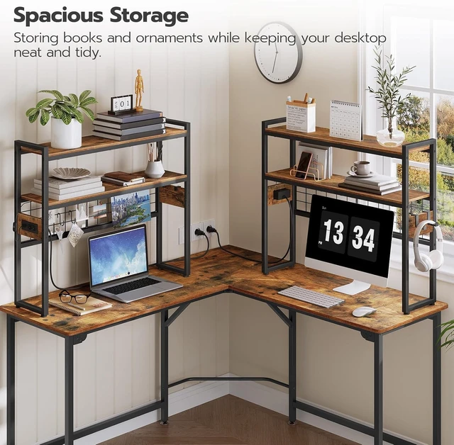 Alt view image 6 of 7 - Desktop Bookcase, 2-Tier Desktop Organizer, 29.9" Wooden Office Storage Rack with Outlets, Display Shelf Rack with Light Strip, Desk Hutch for Office, Rustic Brown BF11UDSJ01