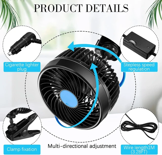 Alt view image 3 of 7 - 2 Pcs 6'' 12v Car Fan, 360 Degree Rotatable Seat Cooling Fan with Stepless Speed Regulation, Cigarette Lighter Plug for Car Window, Suv, Rv, Vehicles, Buses(Clip)