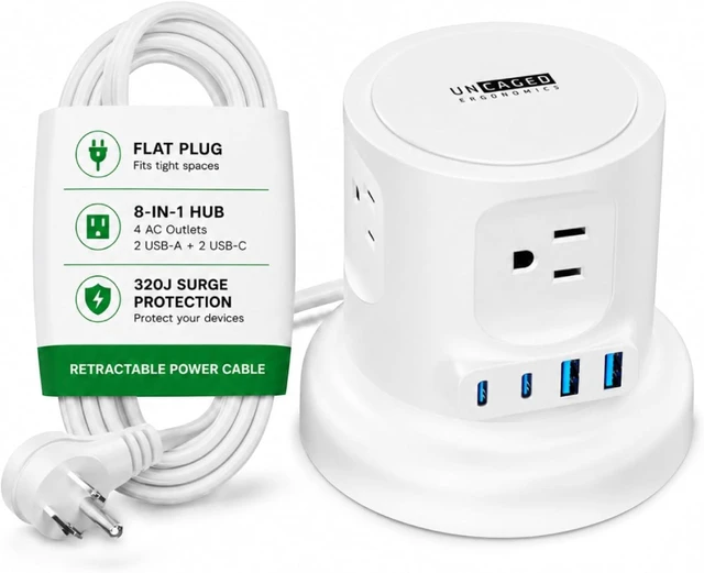 Main image of Retractable Power Strip Tower with Fast-Charging USB, White