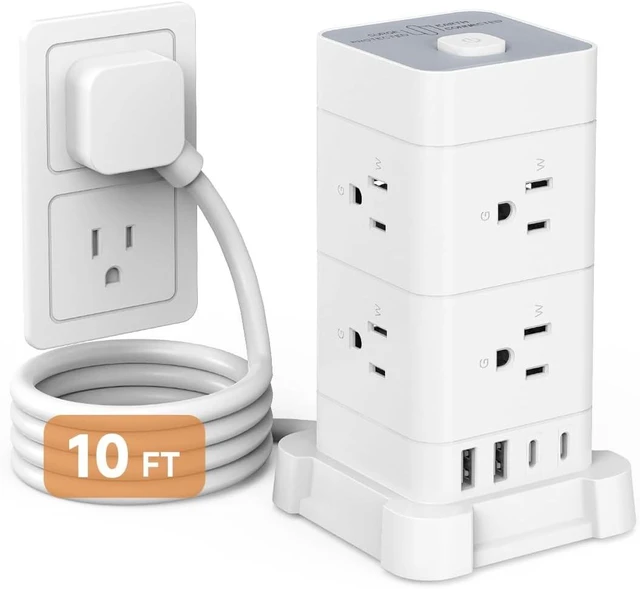 Main image of Power Strip Tower with 8 AC Outlets & 4 USB Ports (2 USB-C), 3M Extension Cord & Surge Protection for Home Office Desk, White