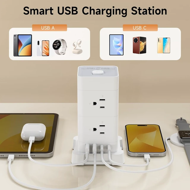 Alt view image 3 of 7 - Power Strip Tower with 8 AC Outlets & 4 USB Ports (2 USB-C), 3M Extension Cord & Surge Protection for Home Office Desk, White