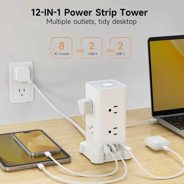 Alt view image 5 of 7 - Power Strip Tower with 8 AC Outlets & 4 USB Ports (2 USB-C), 3M Extension Cord & Surge Protection for Home Office Desk, White