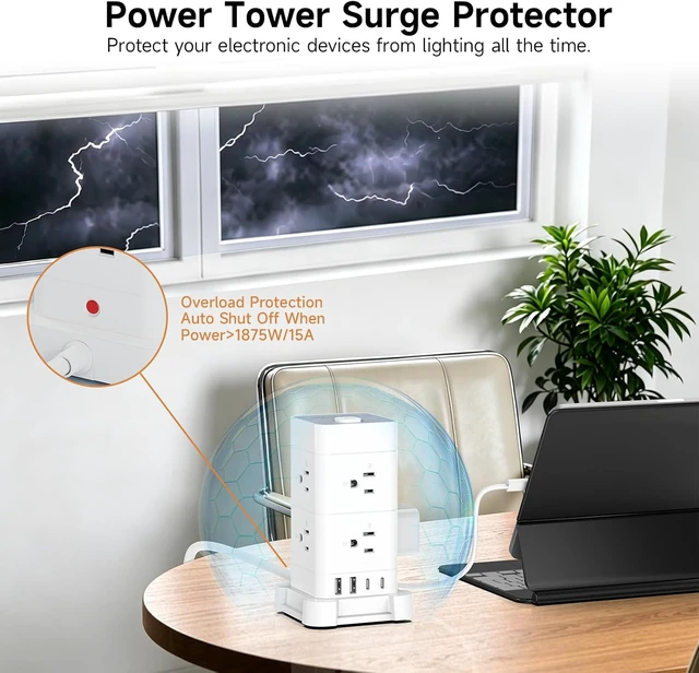Alt view image 4 of 7 - Power Strip Tower with 8 AC Outlets & 4 USB Ports (2 USB-C), 3M Extension Cord & Surge Protection for Home Office Desk, White