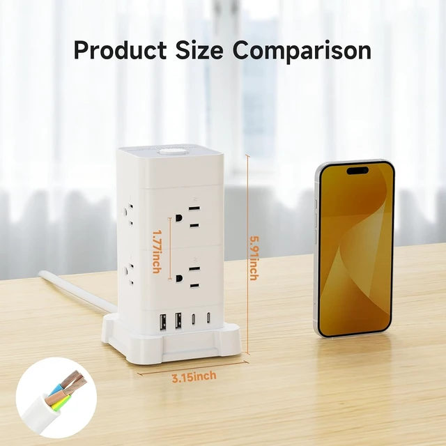 Alt view image 7 of 7 - Power Strip Tower with 8 AC Outlets & 4 USB Ports (2 USB-C), 3M Extension Cord & Surge Protection for Home Office Desk, White